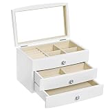 SONGMICS Jewelry Box, Wooden Jewelry Case, 3 Layer Organizer with Large Mirror, White UJOW03W