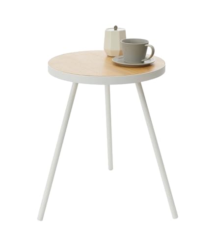 Yamazaki Home Side Table, Bedside or Coffee End Table For Living Room Or Bedroom, Modern Small Circle Pedestal Night Table, Steel + Wood, Minimal Assembly Req. White