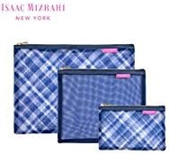 Isaac Mizrahi Travel Cosmetics Mesh Zippered Pouch Organizers 3 Piece Set White Stripes/Navy