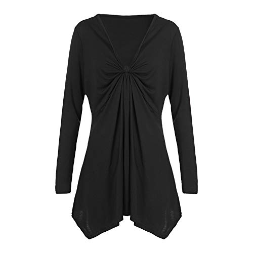 HHei_K Womens Casual Plain Long Sleeve V Neck Twist Front Pleated Tops Asymmetric Loose Shirt Blouse