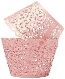 Cupcake Wrappers Filigree Artistic Bake Cake Paper Cups Little Vine Lace Laser Cut Liner Baking Cup Muffin Case Trays for Wedding Party Birthday Decoration-Pack of 100 (Pink)