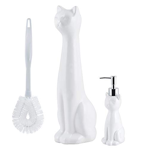 Allure Home Creations Ceramic Cat Bowl Toilet Brush Holder and Lotion Pump - White - Brush Included - 3pc Set