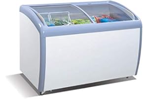 Tiger Chef Commercial Angle Curved Top Chest Freezer Glass Top, Deep Ice Cream Freezer with 2 Wire Baskets, Adjustable Thermostat, Locking Coasters, 9 Cubic Feet, White