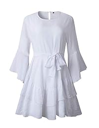 PRETTYGARDEN Vestido de dama casual de color sólido con cuello redondo, manga 3 4, volantes, línea A, mini vestido con cinturón