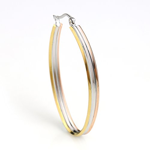 United Elegance - Delicate Polished Oval Tri-Color Silver, Gold & Rose Tone Hoop Earrings (Polished Tri-Color)