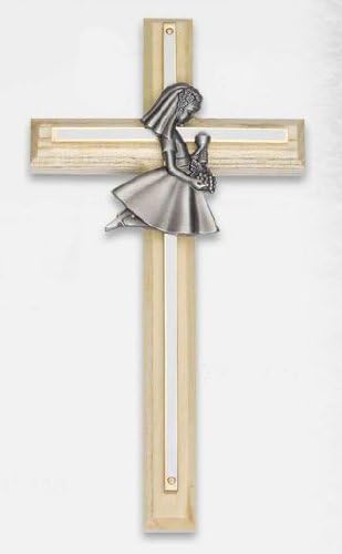 First Communion Keepsake Wall Cross - Girl with Chalice Shilloutte - 8" Height - Wood and Brass