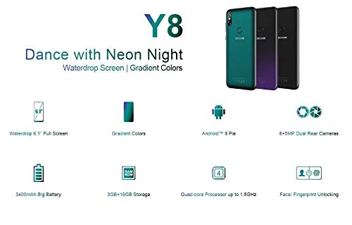 DOOGEE Y8 Android 9.0 4G Smartphone Telefono Libre Dual Sim - Pantalla 6.1 '' Gota de Agua, 1.5GHz 3Go + 16GB, camara Trasera Doble 8 + 5MP, Rostro Desbloqueado + Huella Digital - Verde Esmeralda