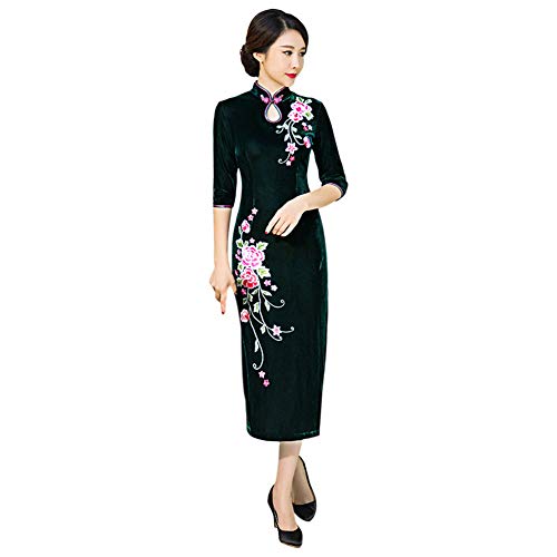 Xinvision Women's Floral Embroidery Qipao Dress - Velvet Long Cheongsam Chinese Traditional Wedding Dress