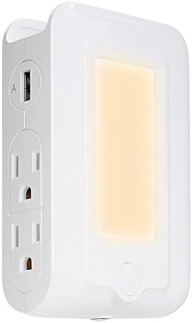 RTSU Wall Mount Charger, Versatile Wall Power Station Wall Outlet with 2 High Speed USB Charging Ports, 4 AC Outlets, Top Slot Tablet Phone Holder, Dusk to Dawn Sensor LED Night Light (2.1 A)