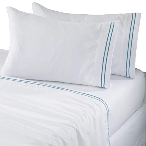 Super Soft, Light Weight, 300 Thread Count, 100% Egyptian Cotton, Twin, Wrinkle Resistant, 4-Piece Sheet Set, White with Light Blue Solid with 2-Line Embroidery