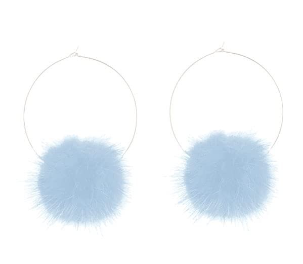 Fur Pom Pom Fluffy Hoop Earrings Cute Kawaii Festival Acessories Baby Pink White Black Green Silver (Sky blue)