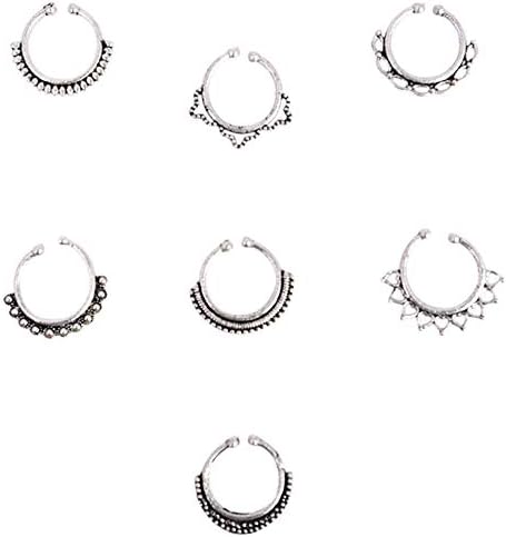 Fake Septum Rings Silver 7 Pcs Fakes Nose Rings Hoop Set Fake Septum Clicker Nose Hoop Ring Non Piercing Clip on Jewelry Nose Lip Ear Ring Piercing Jewelry Septum Ring Face Nose Ring Hoop