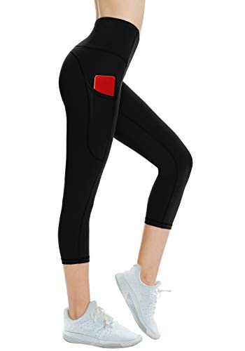 THE GYM PEOPLE Thick High Waist Yoga Pants with Pockets, Tummy Control Workout Running Yoga Leggings for Women (Small, Z- Naked Feeling Capris Black)