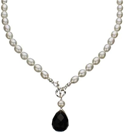 Black Faceted Glass Briolette Freshwater Cultured Pearl Lariat Toggle Necklace