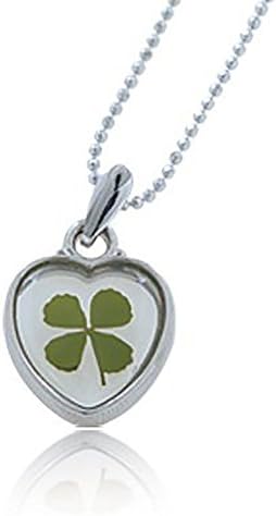 Stainless Steel Real Four (4) Leaf Clover Good Luck Shamrock Heart Pendant Necklace, 16-18 inches