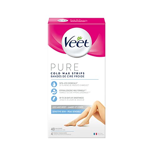 Veet PURE Legs & Body Wax Strips for Sensitive Skin, Cold Wax with Hypoallergenic Formula & Fewer Chemicals, Up to 28 Days of Smoothness, 40 Wax Strips + 4 Perfect Finish Wipes