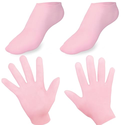 Dexspoeny 2Pairs Moisturizing Glove Socks Set,Silicone Gel Spa Socks for Foot Hand Softening, Calluses, Roughness Relief & Callus Treatment,Foot Care After Pedicure,Suitable for Most Sizes(Pink)