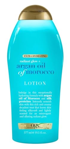 OGX RADIANT GLOW + ARGAN OIL OF MOROCCO EXTRA HYDRATING BODY LOTION FOR DRY SKIN, NOURISHING CREAMY BODY & HAND CREAM FOR SILKY SOFT SKIN, PARABEN-FREE, SULFATED-SURFACTANTS FREE, 19.5 OUNCE