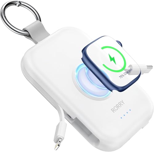 RORRY Flow Portable Charger, 5000mAh Portable Charger Power Bank with Built-in Cables, Travel Keychain Battery Pack for iPhone 17/16/15, Apple Watch, iPad, MacBook