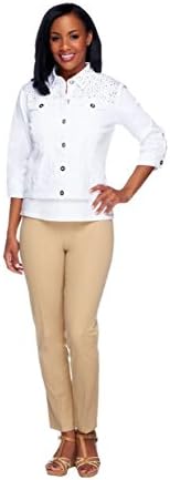 Joan Rivers Cropped Embellished Denim Jacket 3/4 Slvs A252746, White, M