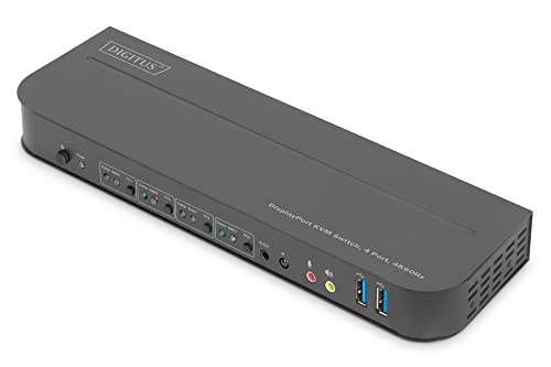 DIGITUS KVM-Switch DisplayPort – 4-Port Single-Display – 4 PC 1 Monitor – 1x Maus, Tastatur & Audio für 4 Computer – UHD 4K@60Hz (4096 x 2160p) – Hot-Key Umschalter – 2x USB 3.0 Hub – Schwarz