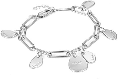 MyNameNecklace MYKA Personalised Hazel Chain Link Bracelet with Engraved Charms for Woman - Custom Hanging Engraved Name or Date - Sterling Silver Gift for Her