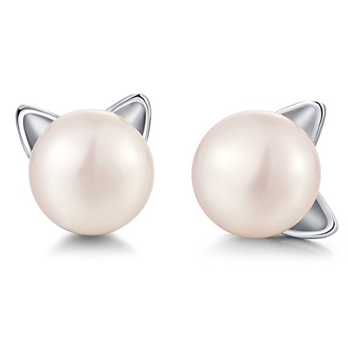 Sterling Silver Stud Earrings - Silver Plated Gold Cat Post Earrings Freshwater Pearl Stud Earrings Fashion 14K Gold Plated Cat Ear Pearl Earring Studs Cute White Gold Animal Jewelry Stud Earrings