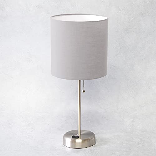 LimeLights LT2024-GRY Brushed Steel Stick Table Desk Lamp with Charging Outlet and Drum Fabric Shade, Gray