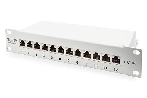 DIGITUS Cat-6A Patchpanel - 12 Ports - RJ45-Buchsen - 10-Zoll Rack-Mount 1HE - LSA Verteilerfeld - Geschirmt - Grau