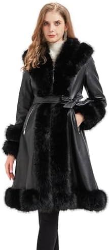 Denny&Dora Women's Black Leather Trench Coat with Real Fox Fur