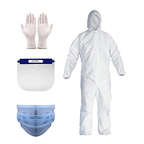 TIP TOP FASHION Disposable PPE Kit with Coverall Suit, Hand Gloves, Face Shield, 3 PLY Face Mask and Shoe Cover