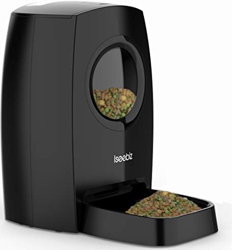 自動給餌器 Iseebiz 猫 犬用ペット自動餌やり機 6l大容量 1日4食で最大日連続自動給餌 タイマー式 録音可 水洗い可能 円形窓 フードの残量が一目でわかる 犬 うさぎなど対応 留守も安心ペットフードオートフィーダー 日本語説明書付 ブラック