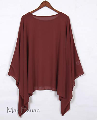 Max Hsuan Womens Summer Solid Sheer Batwing Blouse Chiffon Caftan Poncho Tunic Top Plus Size Cover up Burgundy
