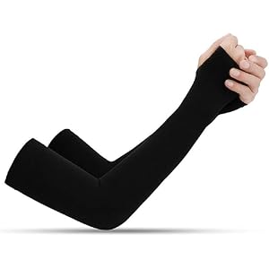 Women Men Ice Silk Arm Sleeves with Thumb Holes UV Protection Cooling, UPF 50 Compression Long Arm Cover（Black）