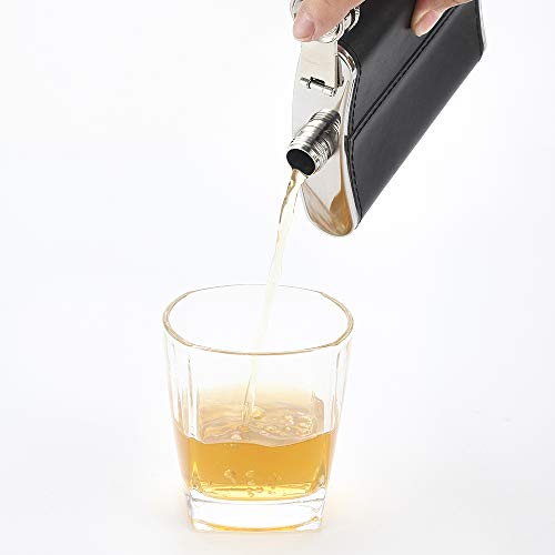 YFS Whiskey Flask With American Flag for Liquor and Funnel, 8 Oz Leak Proof Stainless Steel Pocket Hip Flask with Soft Touch Leather Cover, Black Flask for Men