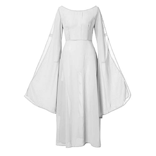 Women Hollow Trumpet Sleeve Flare Dress Off Shoulder Vintage Party Club Elegant Performance Medieval Costume by Lowprofile White - Thumbnail 2