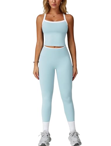 IDOPIP Combinaison de sport deux pièces pour femme pour le fitness : dos nu tenues d'été avec rembourrage et leggings taille haute - Ensemble de gym avec dos à lanières pour yoga, pilates et