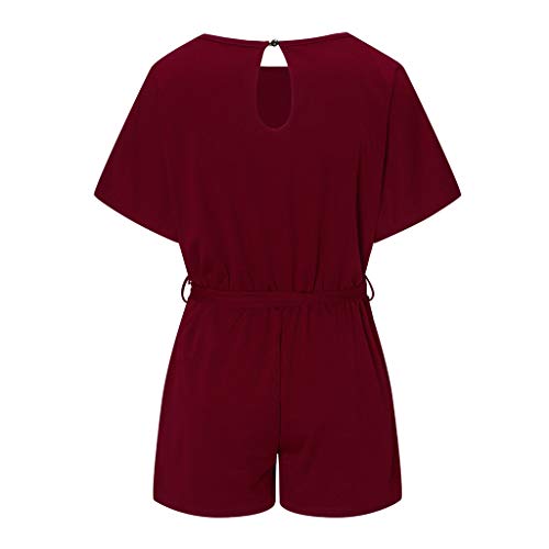 Sunyastor Womens Short Sleeve One Piece Jumpsuit Cocktail Romper Pant Suit Clubwear Straight Leg Jumpsuit with Belt (B Wine, X-Large) - Thumbnail 4