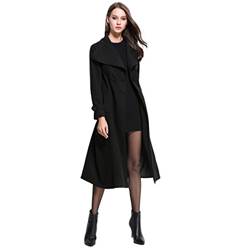 Women Lapel Long Trench Coat Wool Jacket Cardigan (M, Black)