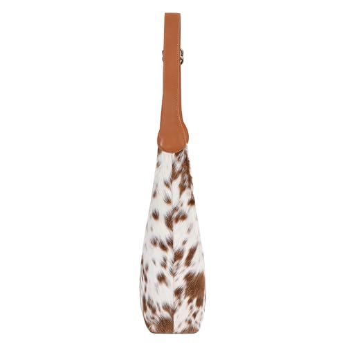 Genuine Cowhide Leather Hobo Shoulder Bag for Women Hair-On Hide Handbag with Adjustable Strap Natural Brown & White Cow Print Premium Leather Purse
