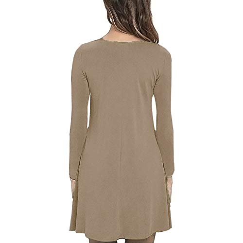 Women's Long Sleeve Pocket Casual Loose T-Shirt Dress Solid Loose Dress Khaki