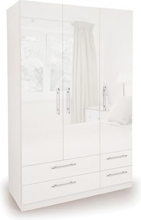 Angel 3 Door 4 Drawer Wardrobe Storage High Gloss White Bedroom