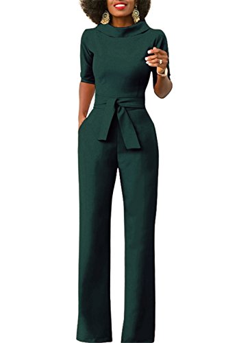 KISSMODA Women Sexy Lapel Ruffle Clubwear Long Wide Leg Pants Jumpsuit Romper Green Small