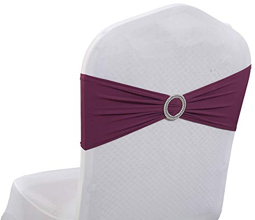 mds Pack of 25 Spandex Chair Sashes Bow sash Elastic Chair Bands Ties with Buckle for Wedding and Events Decoration Lycra Slider Sashes Bow - Eggplant