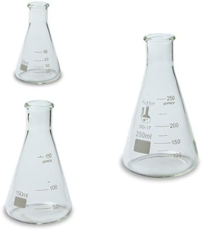 Glass Erlenmeyer Flask Beaker Set - 3 Sizes - 50, 150 and 250ml