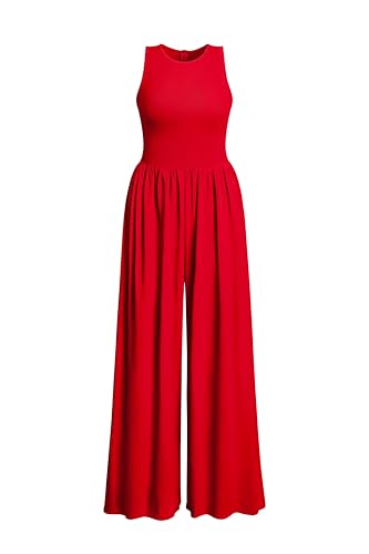 Photo 1 of OQQ Womens Jumpsuits Dressy Crew Neck Sleeveless One Piece Outfits Casual Wide Leg Pants Jumpsuits Red