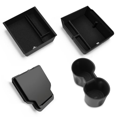 LANTU 4 Pack Accessories for Tesla Model Y 2025-2026 Juniper Center Console Organizer, Armrest Storage Box, Hidden Box and Cup Holder (Flocking)