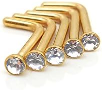 18 or 20G 5 PC lot L Shaped Crystal Bone Nose Ring Stainless Steel 2, 3mm Stones (Gold Tone 18G L Shape 2mm Stone)