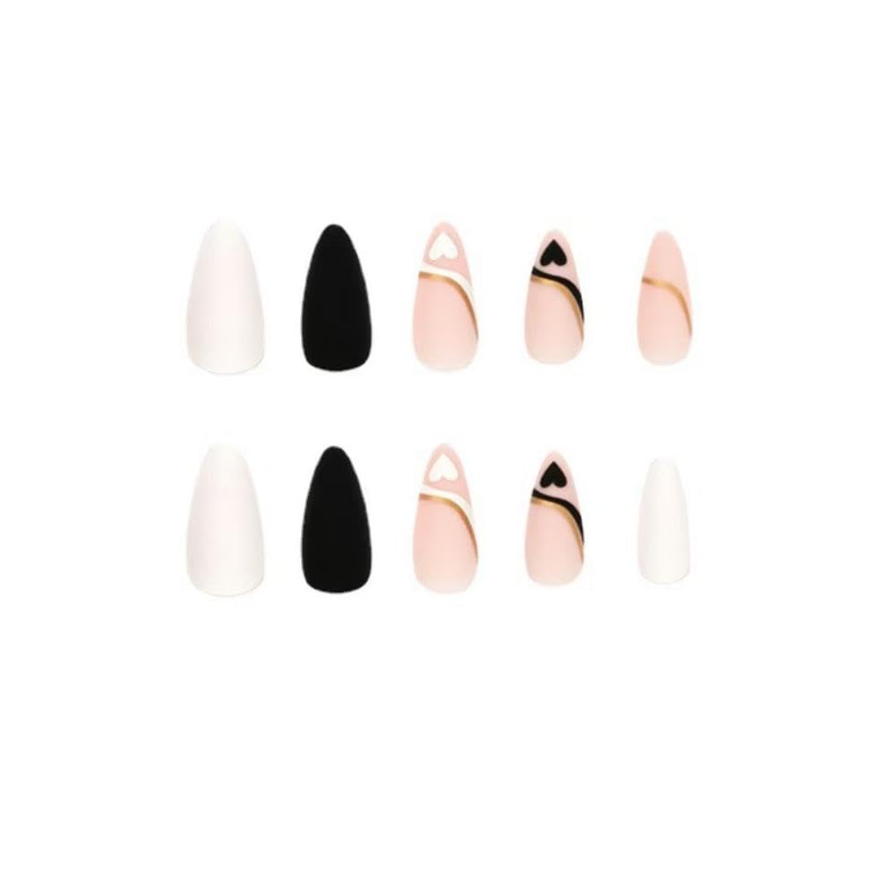 Love Press on nails Medium Stiletto Fake Nails with Design Nude Pink Glue on nails Glossy Acrylic Full Cover Black White Soild color Stick on Nails False Nails for Women Manicure - Image 2