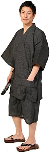 Men's Japanese Kimono Jinbei Cotton Hemp, Shirt and Elastic Waist Pants (Thin Stripes)